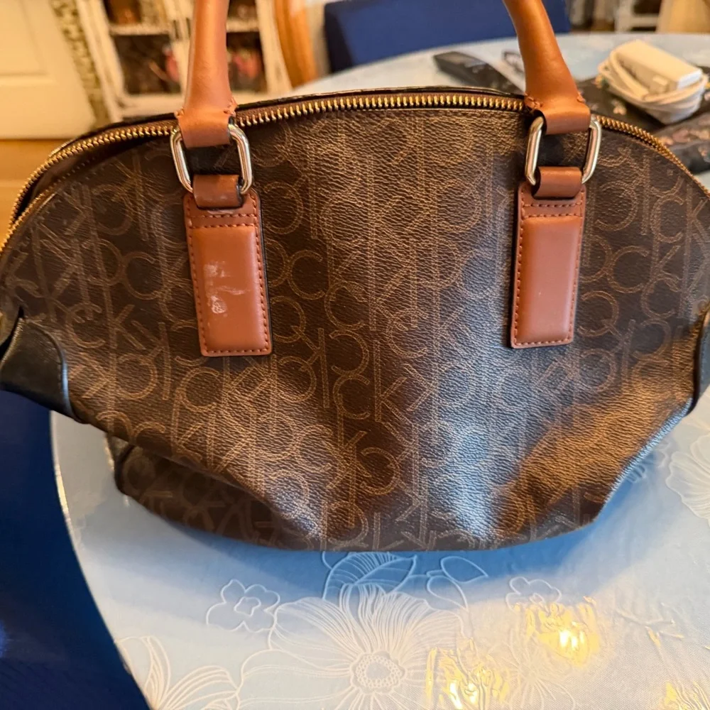 Calvin Klein Brown Monogram Satchel with Tan Handles